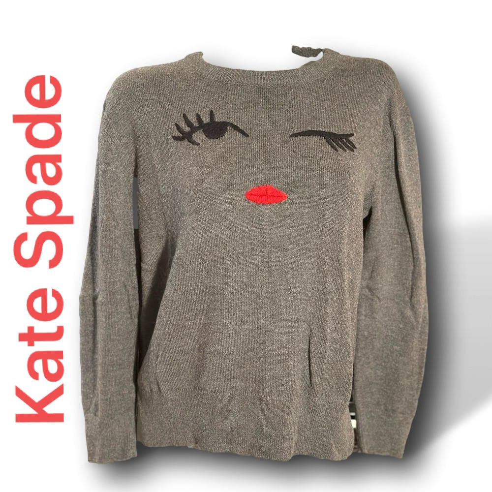 KATE SPADE BROOME STREET WINK FACE SWEATER GRAY RED LIPS WOOL BLEND LARGE - Picture 3 of 9